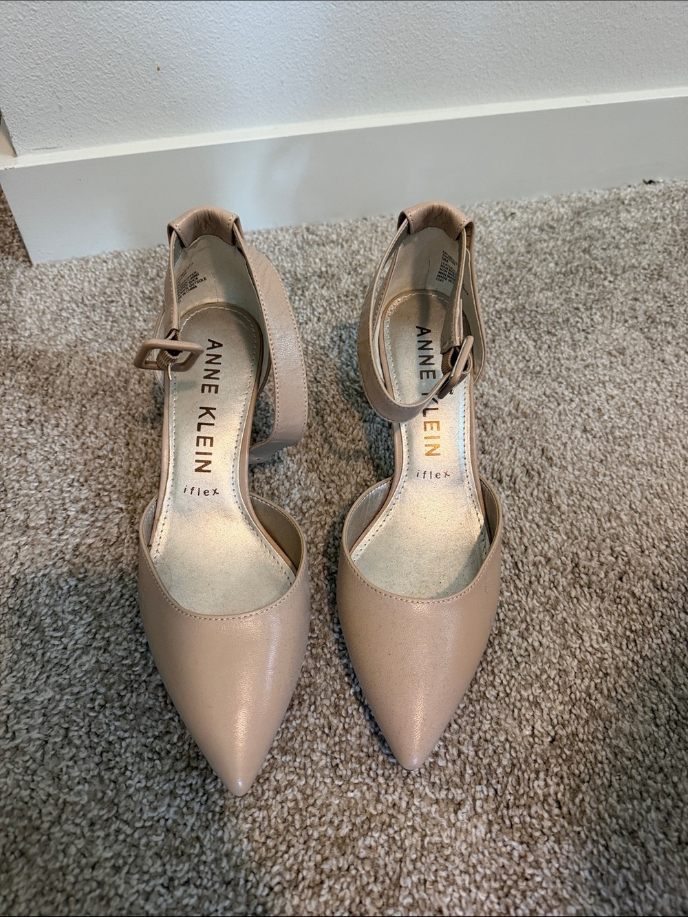 Anne Klein Beige Pointed-Toe Ankle-Strap Heels